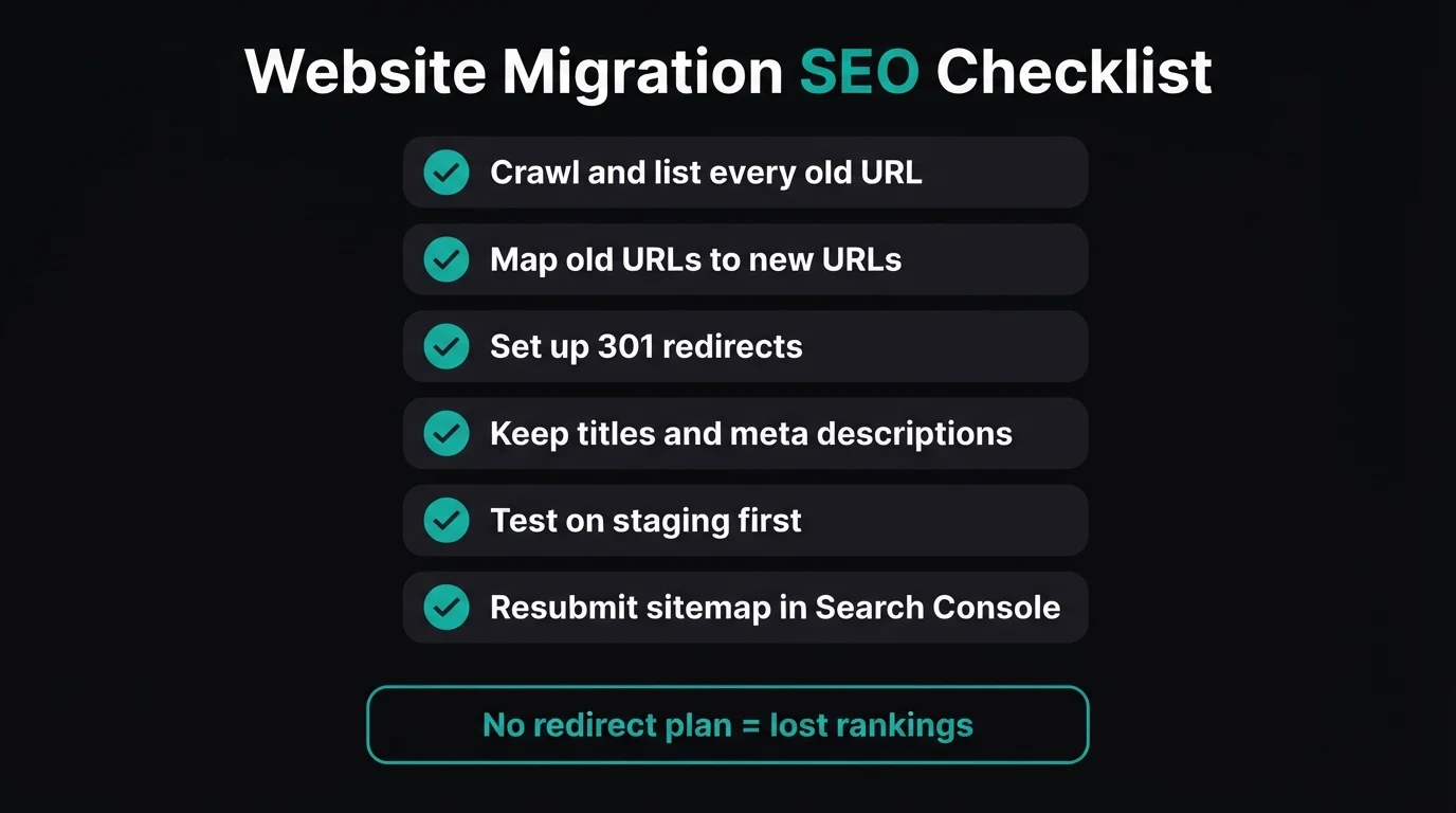 Website migration SEO checklist: crawl and list every old URL, map old URLs to new URLs, set up 301 redirects, keep titles and meta descriptions, test on staging first, resubmit sitemap in Search Console
